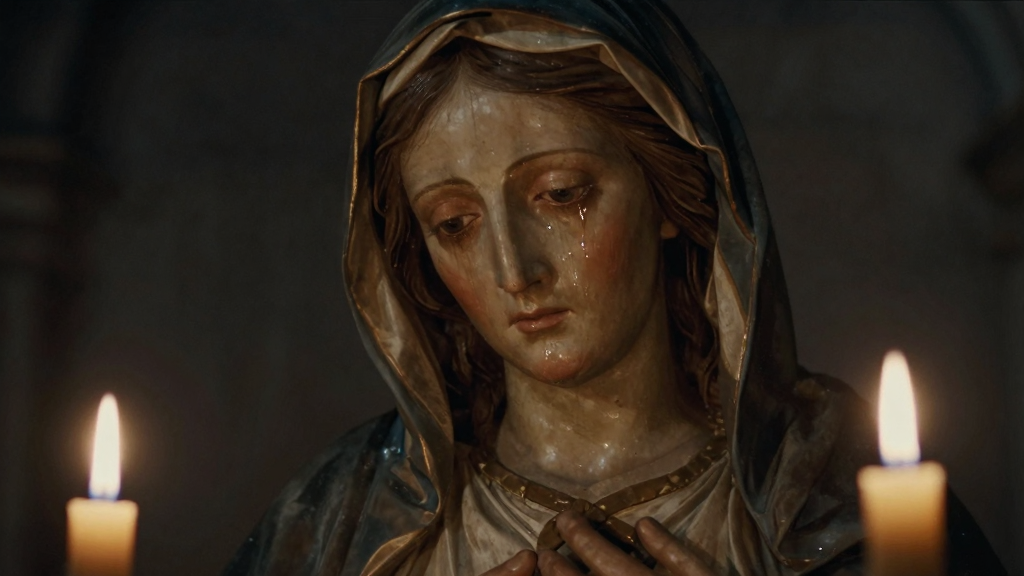 Illustration evoking the mood of weeping and bleeding statues — not a depiction of any reported event.