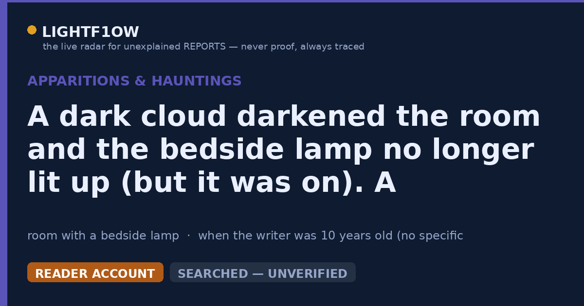 A dark cloud darkened the room and the bedside lamp no longer lit up (but it was on). A short time later a woman the…